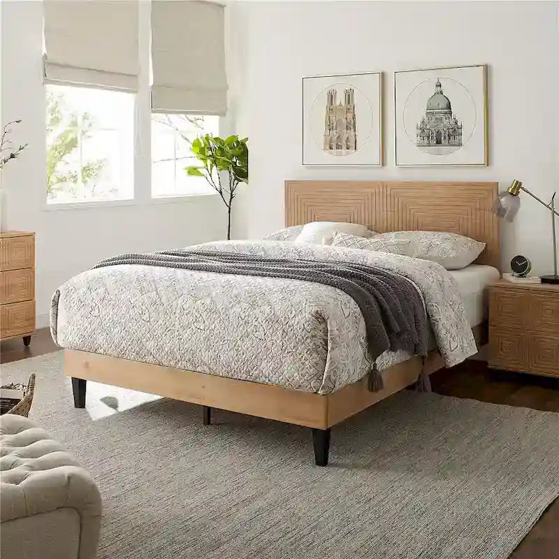 Mid-Century Modern Solid Wood Platform Bed | Adjustable Headboard, Wood Slats, No Box Spring Needed