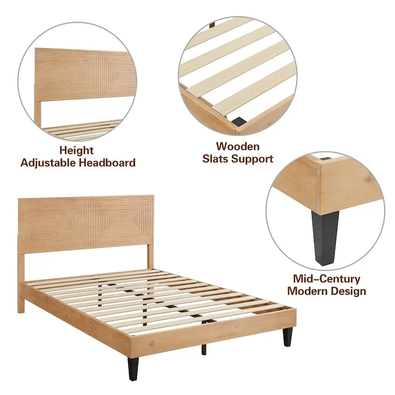 Mid-Century Modern Solid Wood Platform Bed | Adjustable Headboard, Wood Slats, No Box Spring Needed