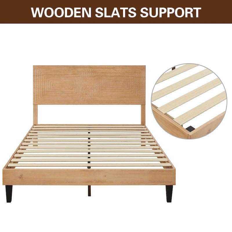Mid-Century Modern Solid Wood Platform Bed | Adjustable Headboard, Wood Slats, No Box Spring Needed