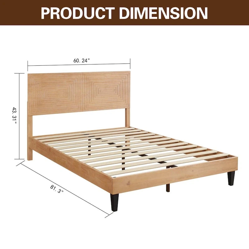 Mid-Century Modern Solid Wood Platform Bed | Adjustable Headboard, Wood Slats, No Box Spring Needed