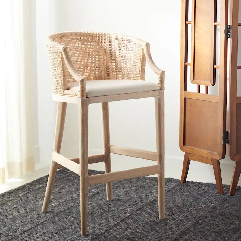 Rattan 30" Bar Stool | Natural Woven Seat, Metal Frame, Counter Height Kitchen Stool