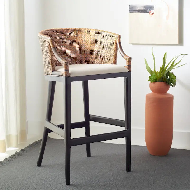 Tabouret de bar en rotin 76 cm | Assise tissée naturelle, piètement en métal, hauteur de comptoir