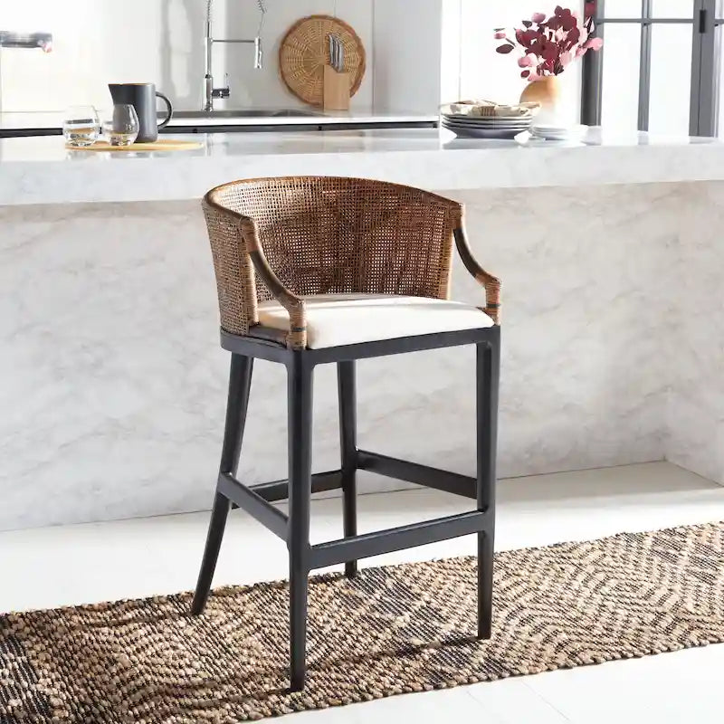 Rattan 30" Bar Stool | Natural Woven Seat, Metal Frame, Counter Height Kitchen Stool