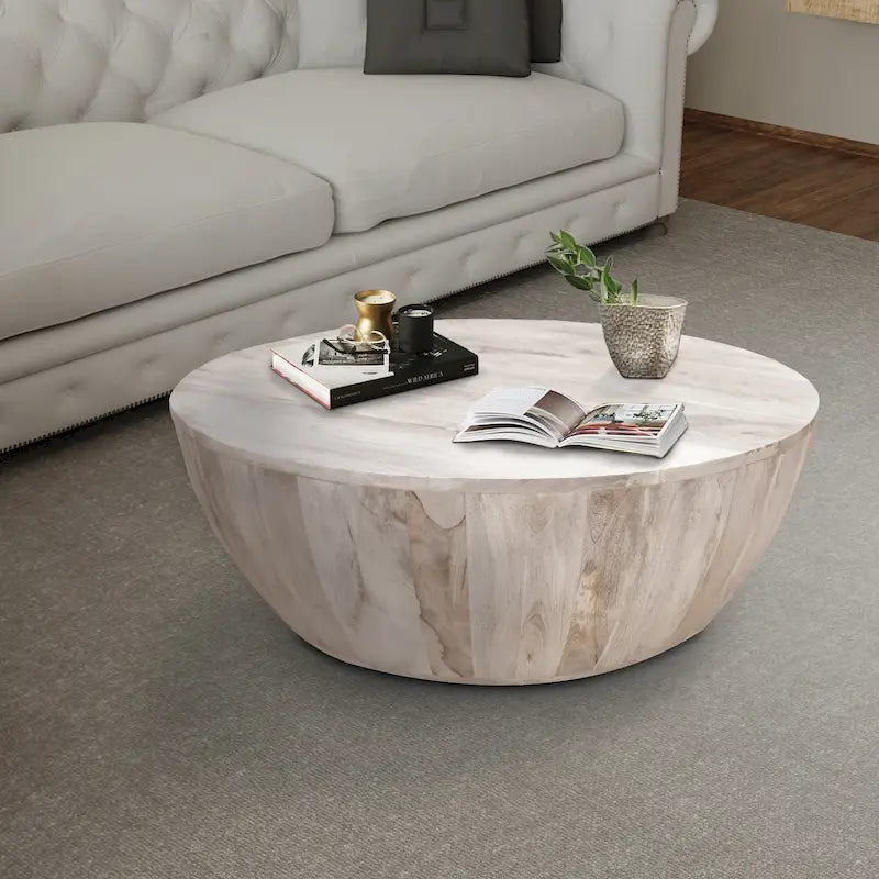35.5" Round Handcrafted Mango Wood Coffee Table | Distressed White Finish | 400 lb Capacity