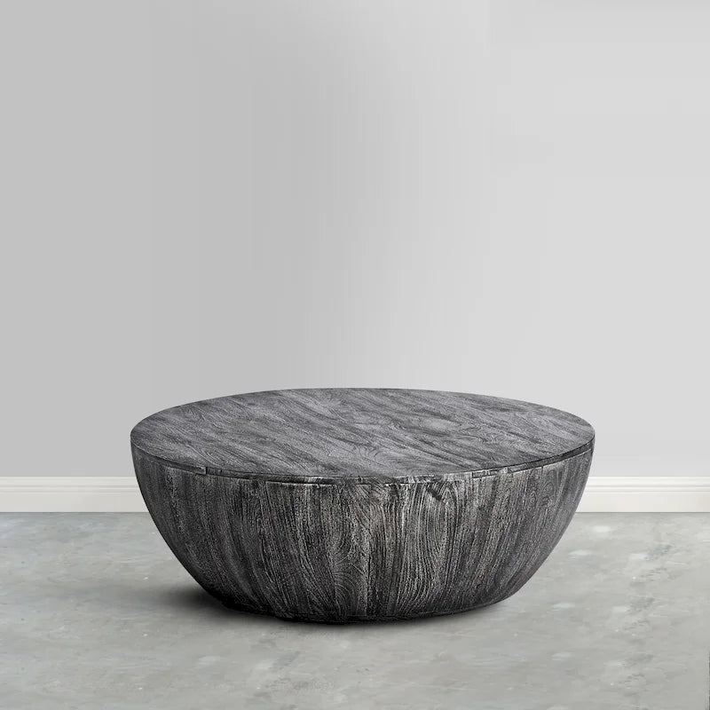 35.5" Round Handcrafted Mango Wood Coffee Table | Distressed White Finish | 400 lb Capacity
