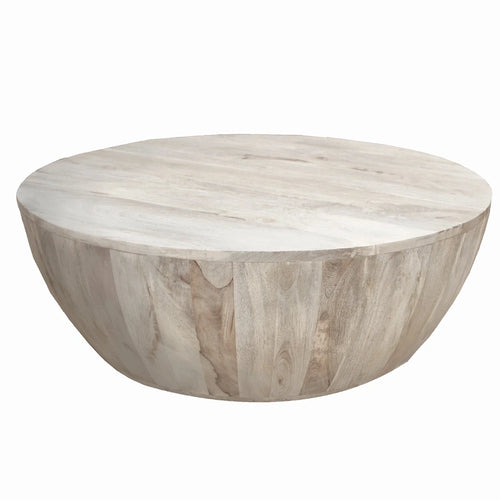 35.5" Round Handcrafted Mango Wood Coffee Table | Distressed White Finish | 400 lb Capacity
