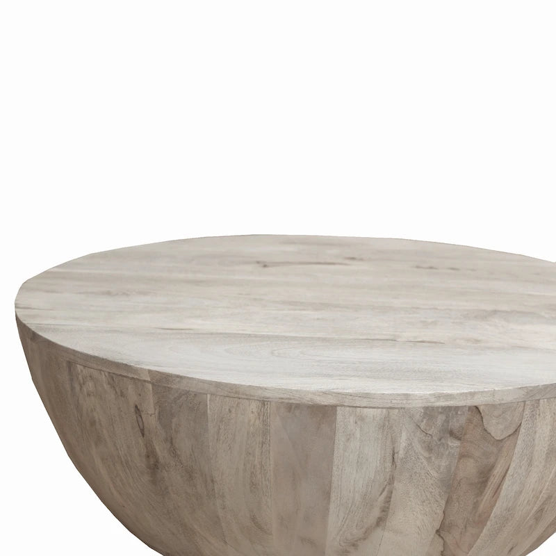 35.5" Round Handcrafted Mango Wood Coffee Table | Distressed White Finish | 400 lb Capacity