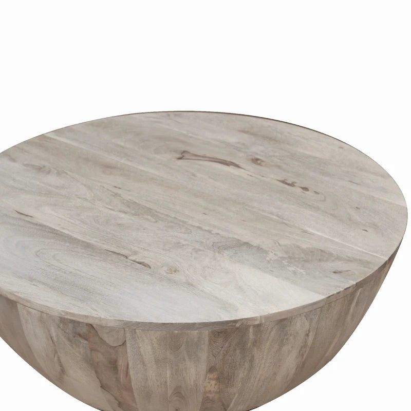 35.5" Round Handcrafted Mango Wood Coffee Table | Distressed White Finish | 400 lb Capacity