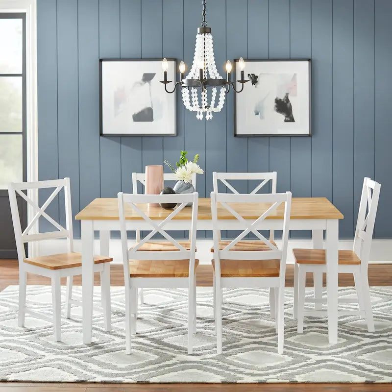 7-Piece Cross-Back Dining Set | White & Natural Finish, Table & 6 Chairs, Kitchen & Dining Room