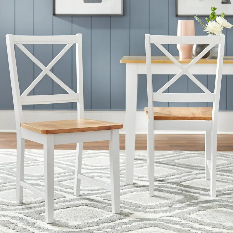 7-Piece Cross-Back Dining Set | White & Natural Finish, Table & 6 Chairs, Kitchen & Dining Room