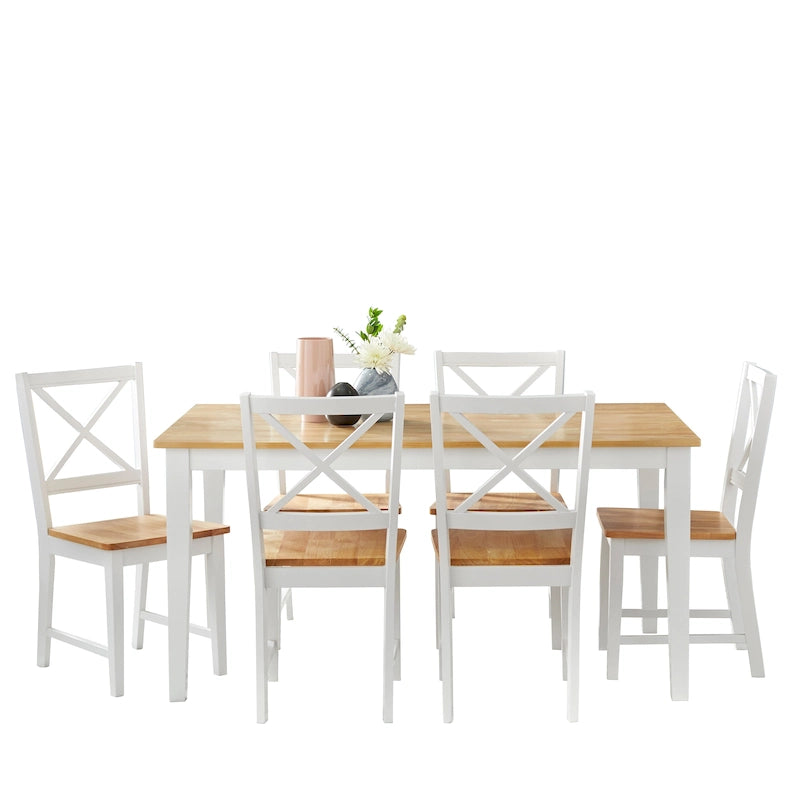7-Piece Cross-Back Dining Set | White & Natural Finish, Table & 6 Chairs, Kitchen & Dining Room