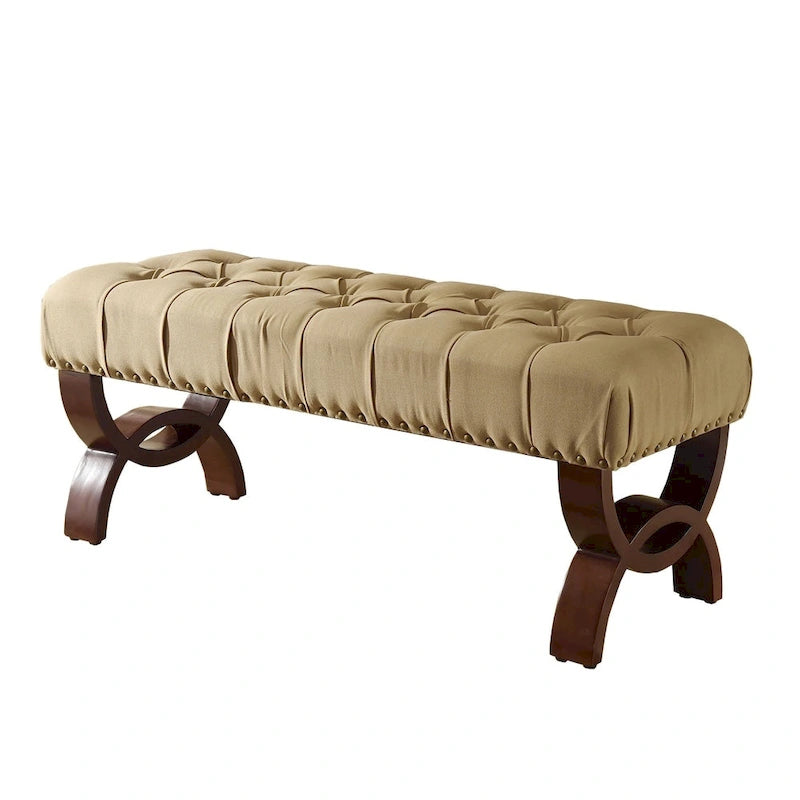 Tufted Upholstered Entryway Bench with Nailhead Trim | Dark Walnut Wood Legs | Classic Style