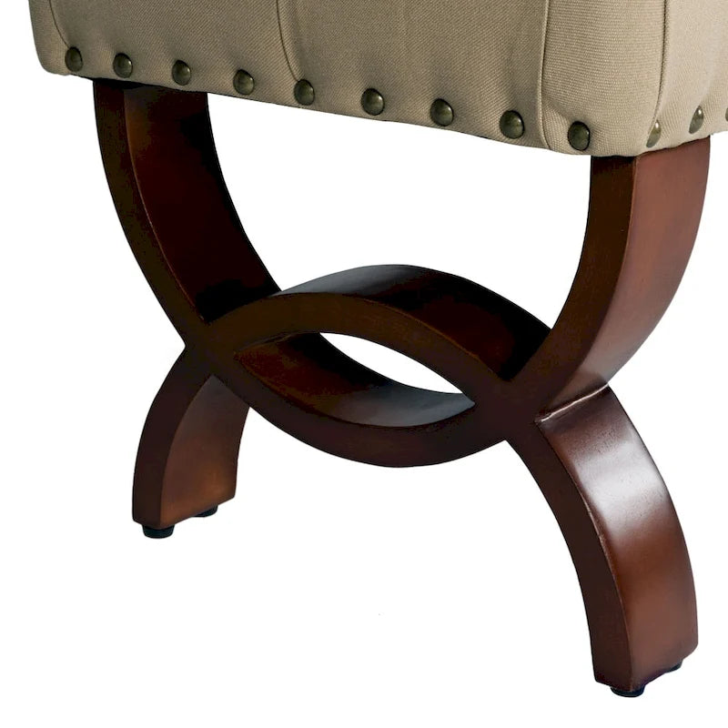 Tufted Upholstered Entryway Bench with Nailhead Trim | Dark Walnut Wood Legs | Classic Style