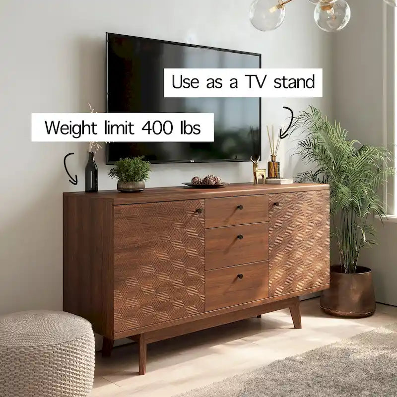 Scandi Sideboard Buffet TV Stand | Drawers, Wooden Legs, Fits TVs up to 65", Living Room