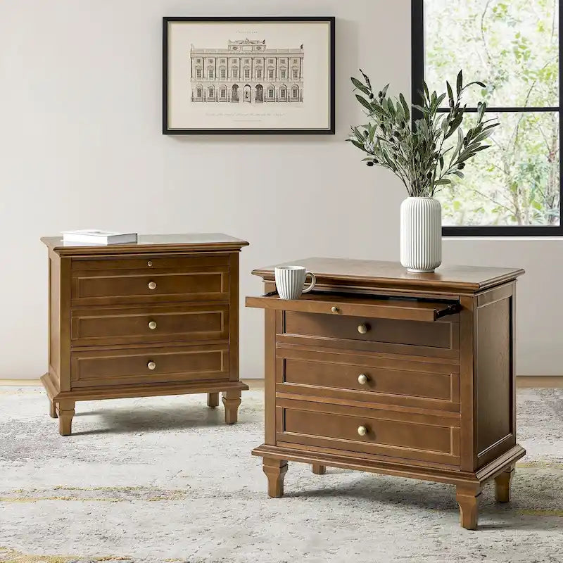Farmhouse Nightstand Set of 2 | 3 Drawers, Built-In AC & USB Charging, Pull-Out Shelf, Wood Legs