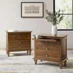 Farmhouse Nightstand Set of 2 | 3 Drawers, Built-In AC & USB Charging, Pull-Out Shelf, Wood Legs