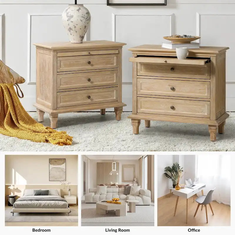 Muriel Farmhouse 3 Drawers Nightstand with Built-In Outlets Set of 2 by HULALA HOME