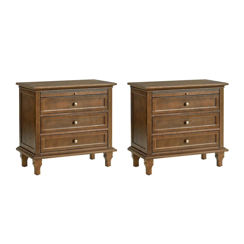 Farmhouse Nightstand Set of 2 | 3 Drawers, Built-In AC & USB Charging, Pull-Out Shelf, Wood Legs