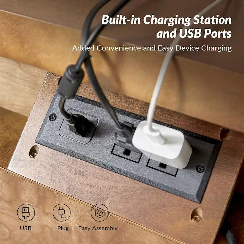 Farmhouse Nightstand Set of 2 | 3 Drawers, Built-In AC & USB Charging, Pull-Out Shelf, Wood Legs