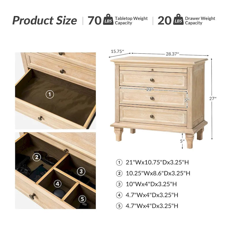 Farmhouse Nightstand Set of 2 | 3 Drawers, Built-In AC & USB Charging, Pull-Out Shelf, Wood Legs