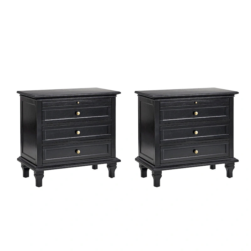 Farmhouse Nightstand Set of 2 | 3 Drawers, Built-In AC & USB Charging, Pull-Out Shelf, Wood Legs