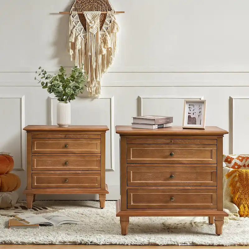 Farmhouse Nightstand Set of 2 | 3 Drawers, Built-In AC & USB Charging, Pull-Out Shelf, Wood Legs