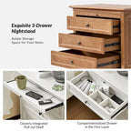 Farmhouse Nightstand Set of 2 | 3 Drawers, Built-In AC & USB Charging, Pull-Out Shelf, Wood Legs
