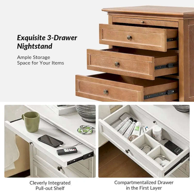 Farmhouse Nightstand Set of 2 | 3 Drawers, Built-In AC & USB Charging, Pull-Out Shelf, Wood Legs