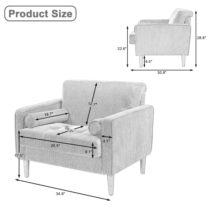 Modern Upholstered Corduroy Accent Chair With Arms Pillows