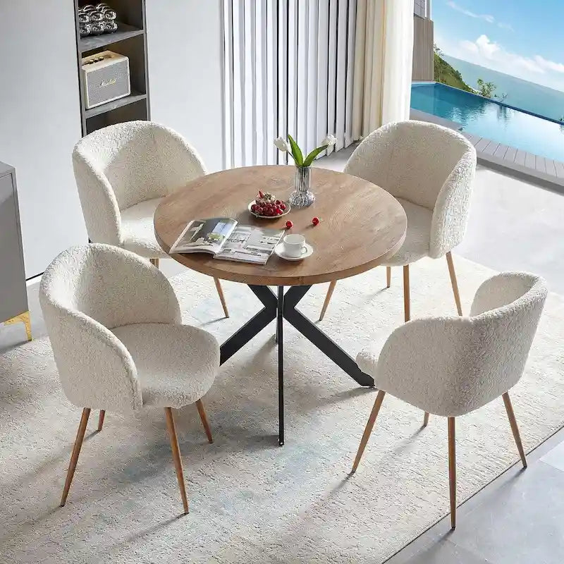Round Dining Table Set with Fluffy Sherpa Arm Chairs Space Saving