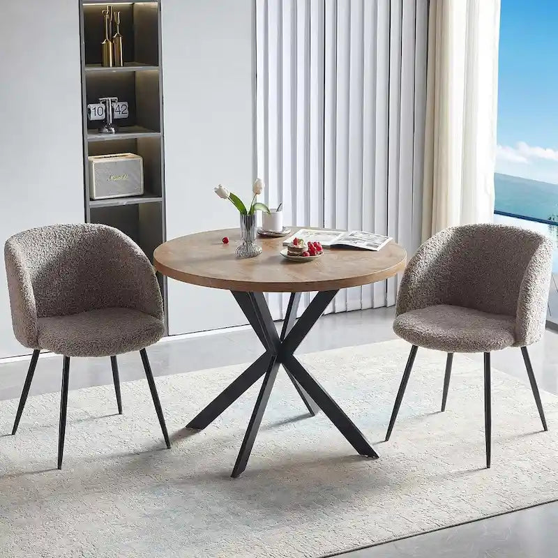 Round Dining Table Set with Fluffy Sherpa Arm Chairs Space Saving