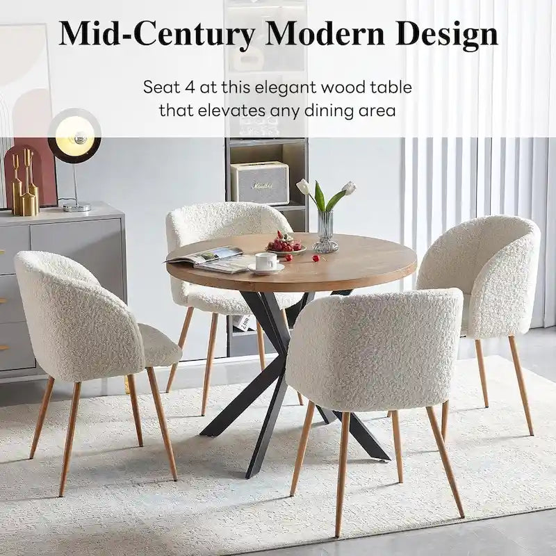 Round Dining Table Set with Fluffy Sherpa Arm Chairs Space Saving