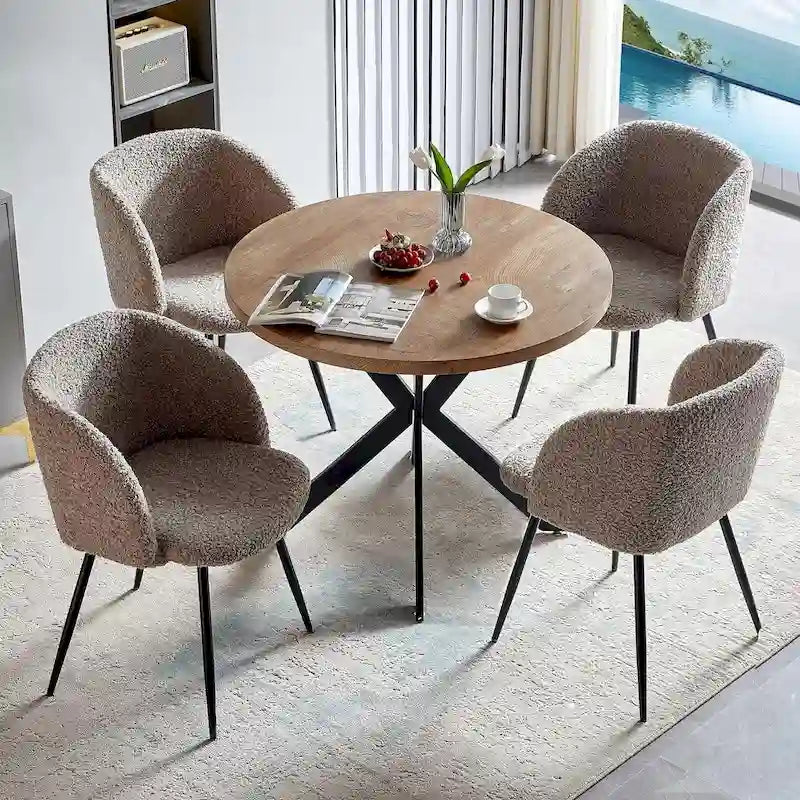 Round Dining Table Set with Fluffy Sherpa Arm Chairs Space Saving