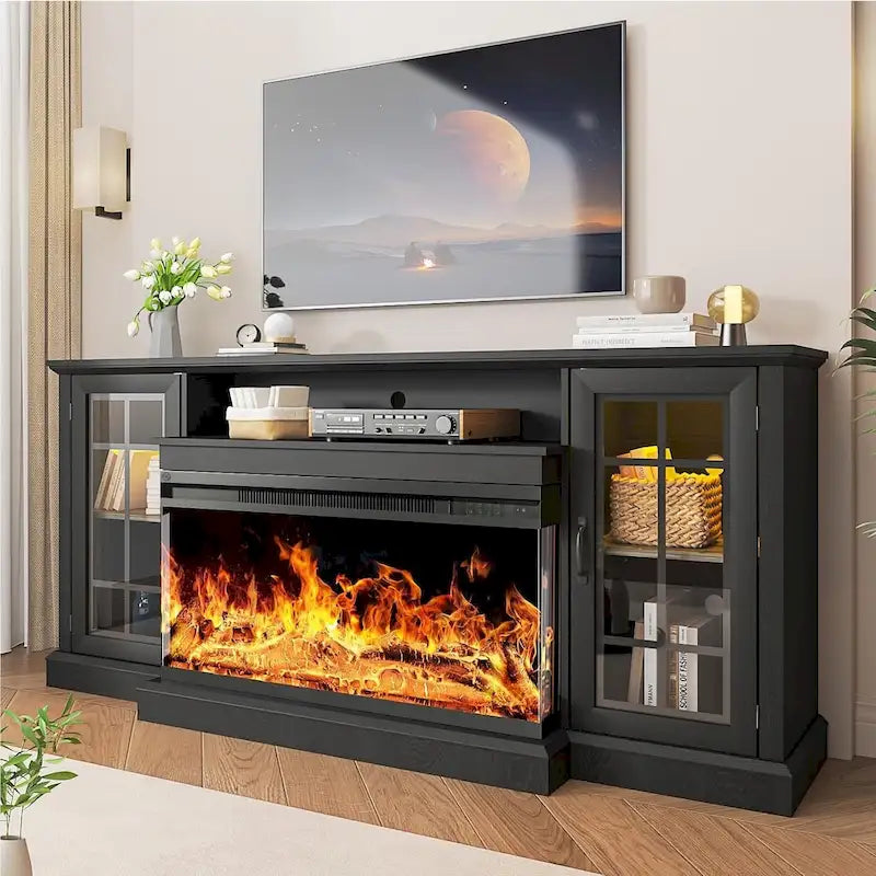 36 Inch 3-Sided Glass Fireplace TV Stand for TVs up to 80