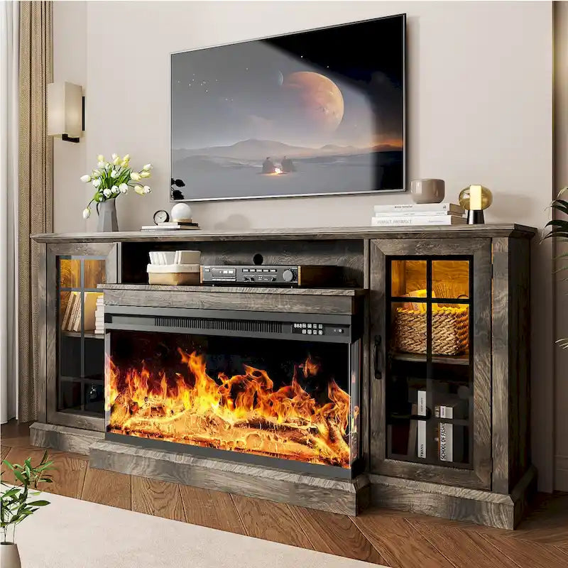 36 Inch 3-Sided Glass Fireplace TV Stand for TVs up to 80