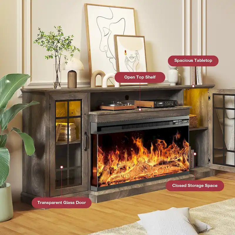 36 Inch 3-Sided Glass Fireplace TV Stand for TVs up to 80