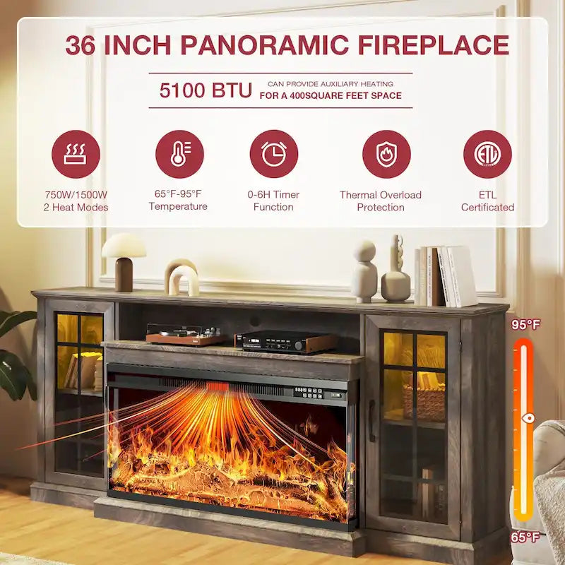 36 Inch 3-Sided Glass Fireplace TV Stand for TVs up to 80