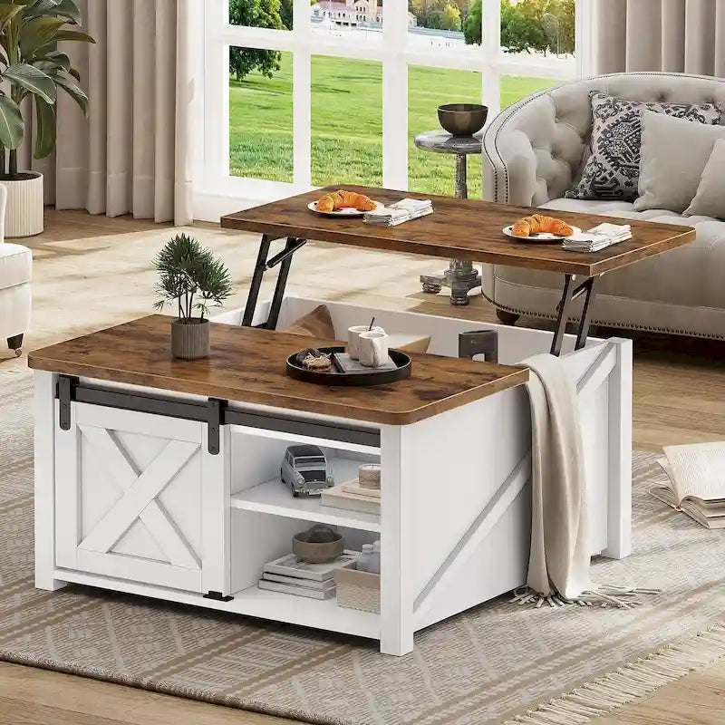Coffee Table Lift Top Square Center Table Barn Door Storage Shelf