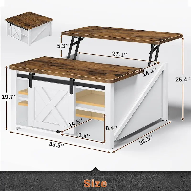 Coffee Table Lift Top Square Center Table Barn Door Storage Shelf