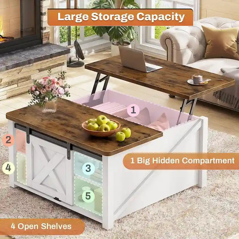 Coffee Table Lift Top Square Center Table Barn Door Storage Shelf