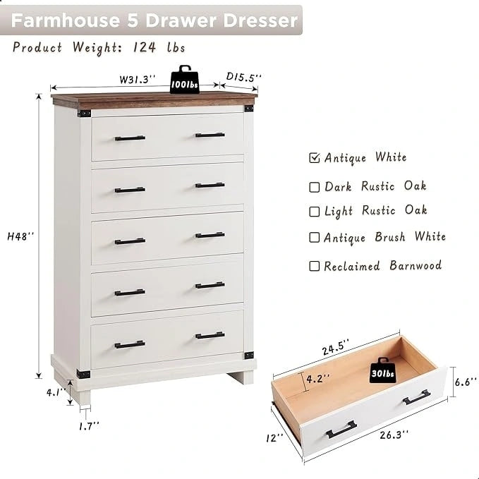 Farmhouse 5 Drawers Dresser, Wood Chest of Drawers, Closet Dresser