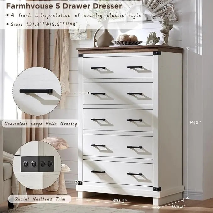 Farmhouse 5 Drawers Dresser, Wood Chest of Drawers, Closet Dresser