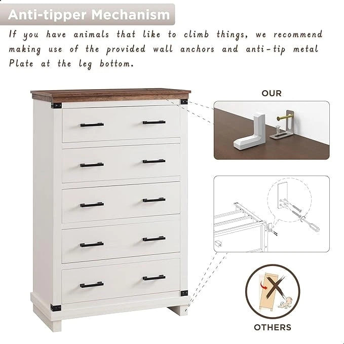 Farmhouse 5 Drawers Dresser, Wood Chest of Drawers, Closet Dresser
