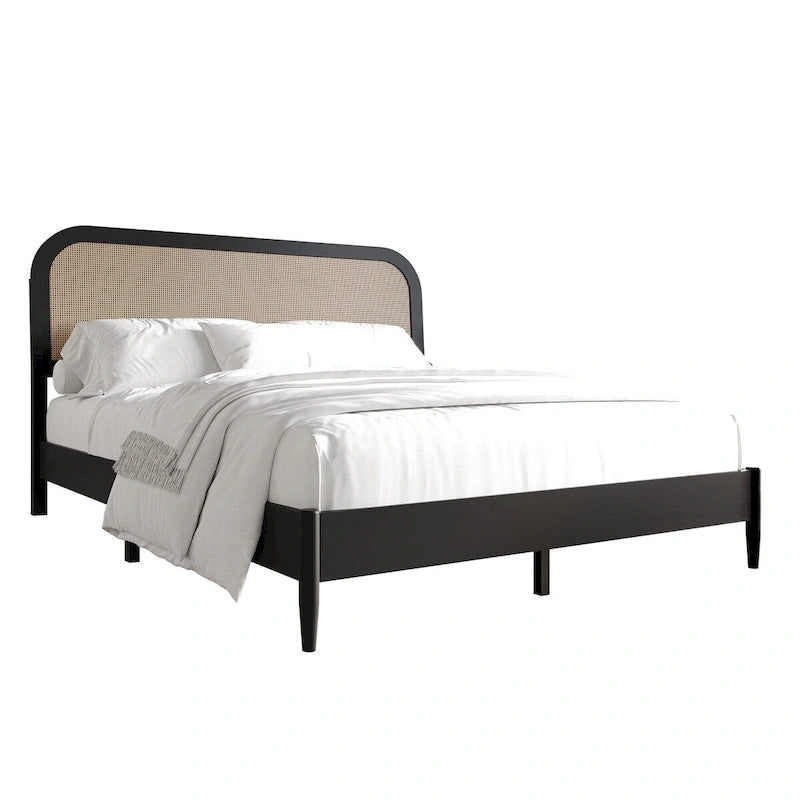 Mid-Century Modern Platform Bed | Curved Cane Headboard, Rubberwood, Twin/Full/Queen/King, No Box Spring