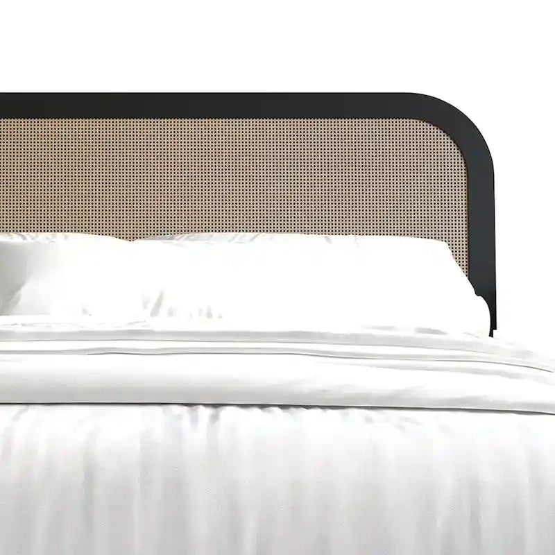 Mid-Century Modern Platform Bed | Curved Cane Headboard, Rubberwood, Twin/Full/Queen/King, No Box Spring