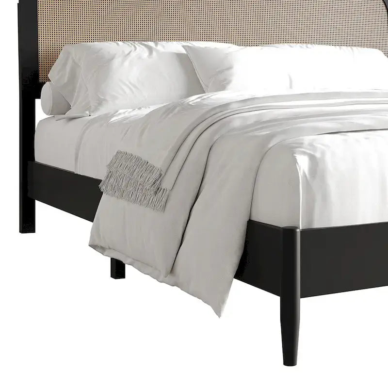 Mid-Century Modern Platform Bed | Curved Cane Headboard, Rubberwood, Twin/Full/Queen/King, No Box Spring