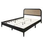 Mid-Century Modern Platform Bed | Curved Cane Headboard, Rubberwood, Twin/Full/Queen/King, No Box Spring