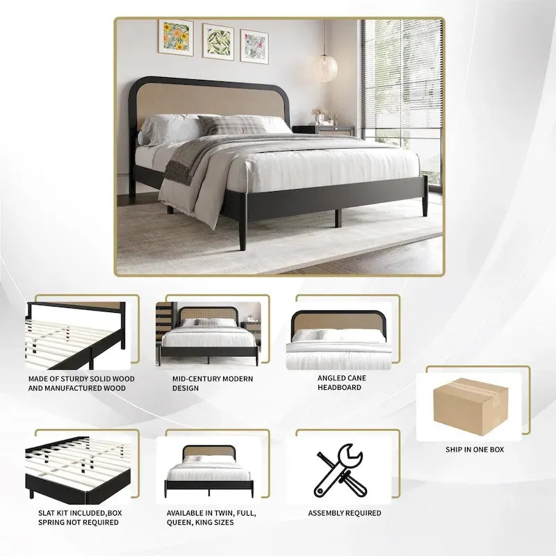 Mid-Century Modern Platform Bed | Curved Cane Headboard, Rubberwood, Twin/Full/Queen/King, No Box Spring