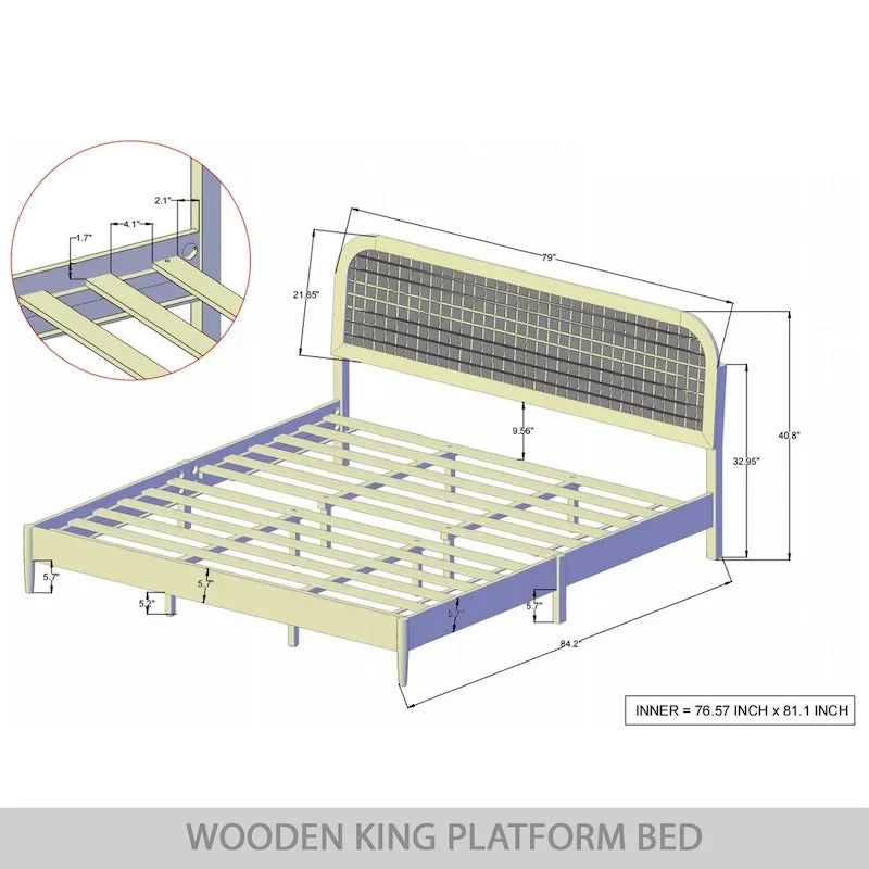 Mid-Century Modern Platform Bed | Curved Cane Headboard, Rubberwood, Twin/Full/Queen/King, No Box Spring