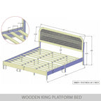 Mid-Century Modern Platform Bed | Curved Cane Headboard, Rubberwood, Twin/Full/Queen/King, No Box Spring